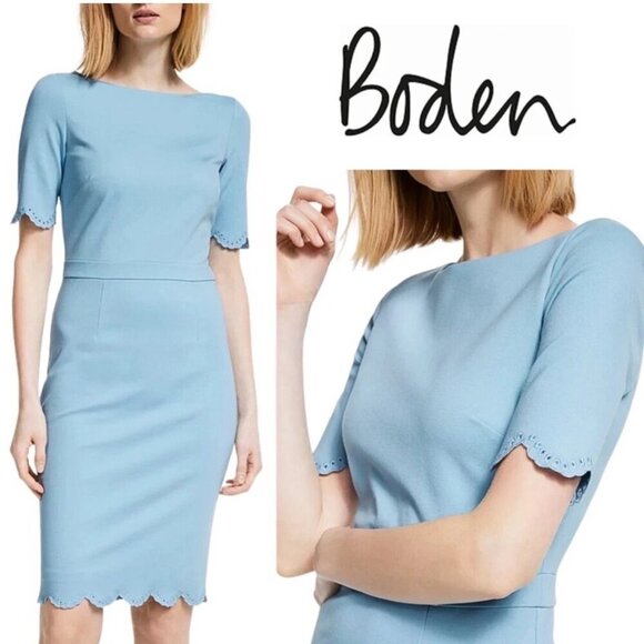 BODEN Emma Eyelet Scalloped Hem Blue Ponte Sheath Dress - Picture 2 of 6